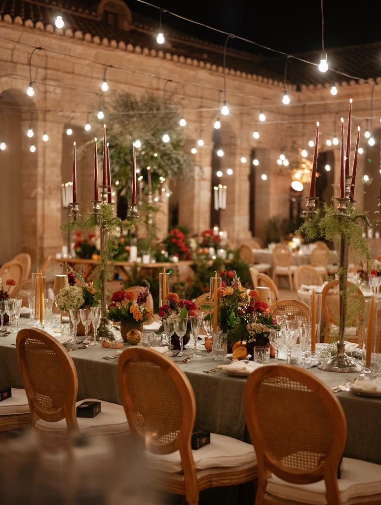 Cena de boda con velas rojas y candelabros en La Cartuja de Ara Christi